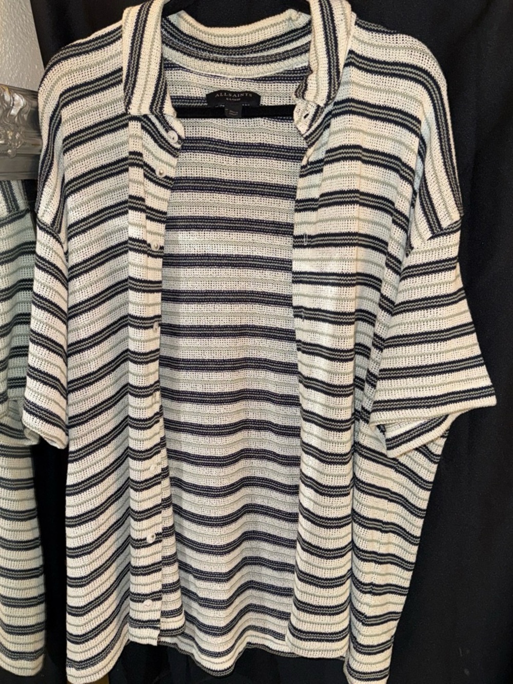 AllSaints Cream and Black Striped Knit Short-Sleeve Shirt